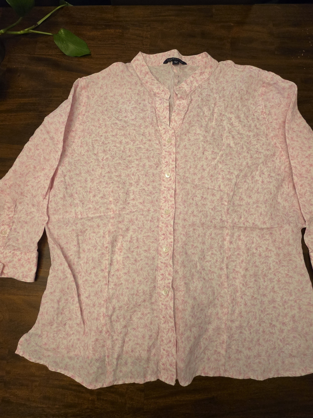Lands’ End 100% Linen Pink Floral Button Down Top Blouse